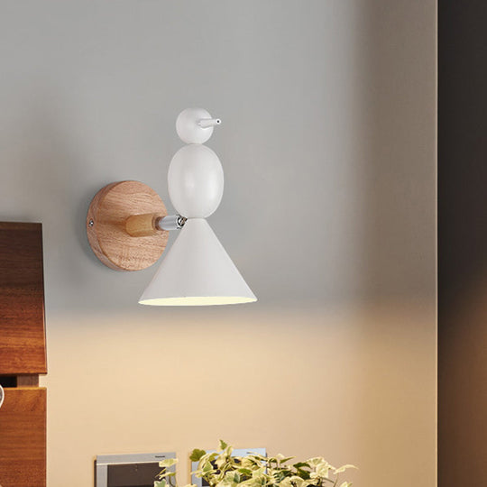 Lark Rotatable Wall Light - Nordic Iron 1-Light White Sconce For Bedroom With Wood Backplate