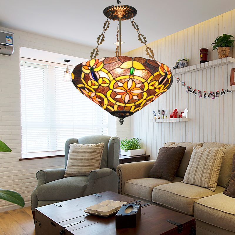 Tiffany Stained Glass Chandelier With Flower Design - Brown/Pink: Perfect For Cafes
