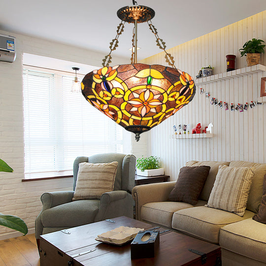 Tiffany Stained Glass Chandelier With Flower Design - Brown/Pink: Perfect For Cafes