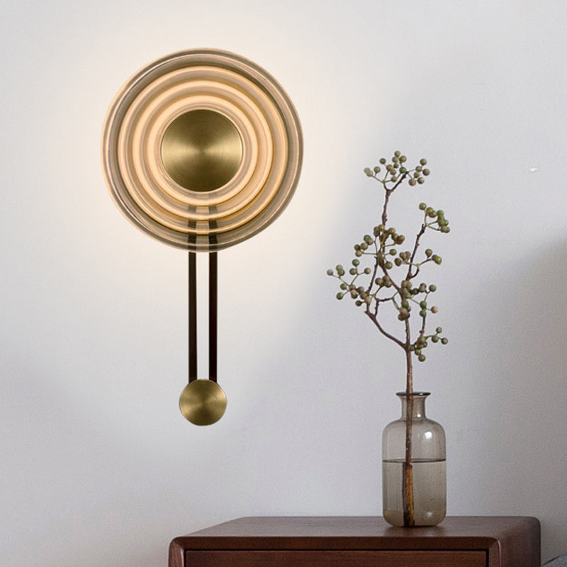 Vintage Rippled Glass Oriental Gong Bell Flush Wall Sconce Antiqued Gold Lounge Fixture