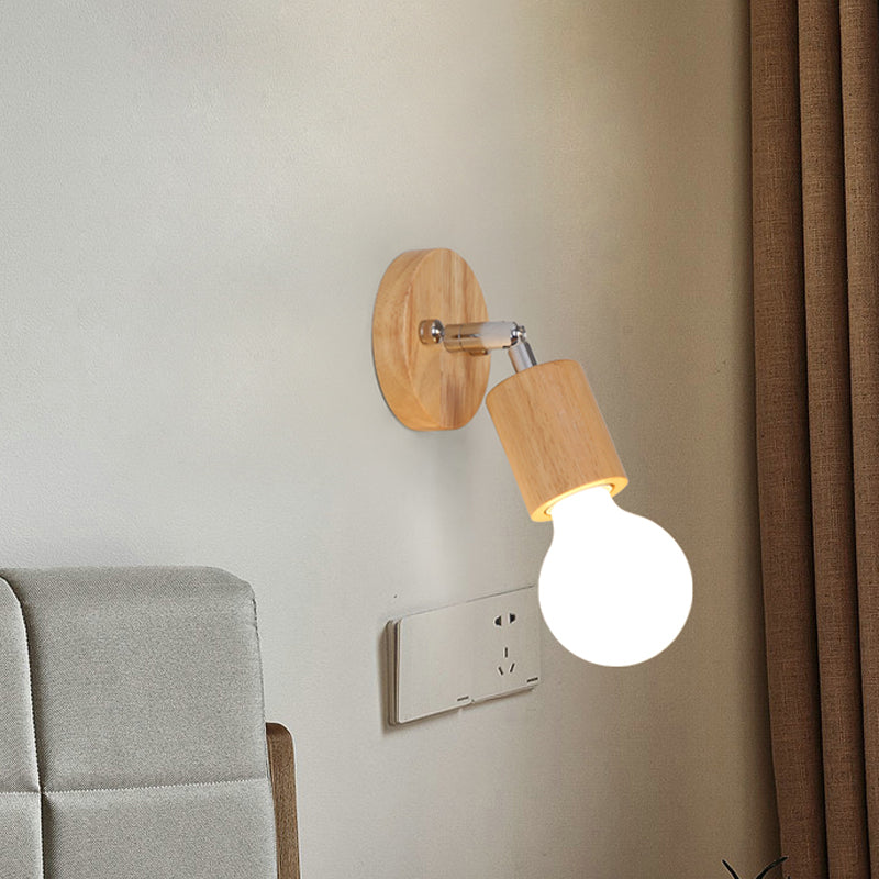 Simplistic Wood Open Bulb Mini Rotating Sconce Lamp For Single Bedroom Wall Lighting