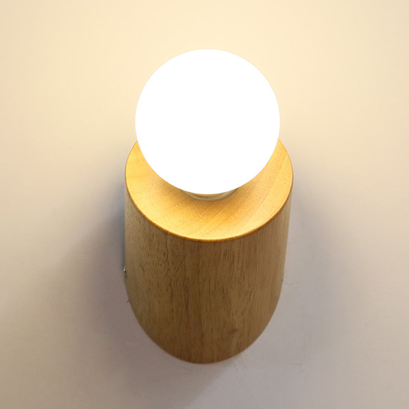 Minimalist Wood Wall Mount Sconce Light - Angled Pole Design Beige Shade Open Bulb