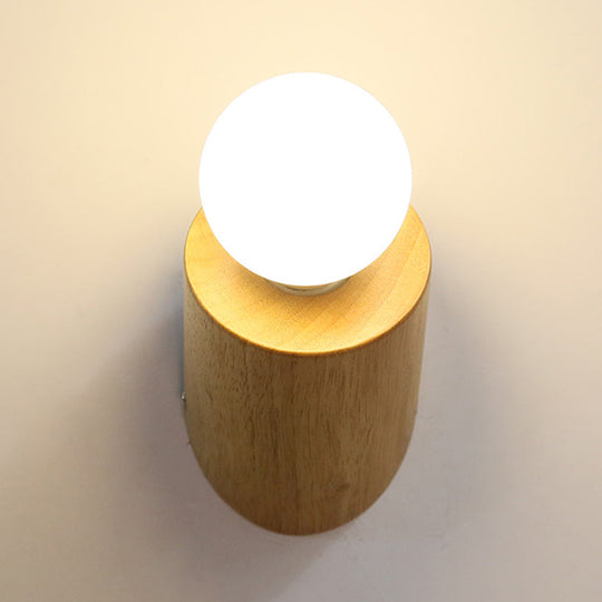 Minimalist Wood Wall Mount Sconce Light - Angled Pole Design Beige Shade Open Bulb