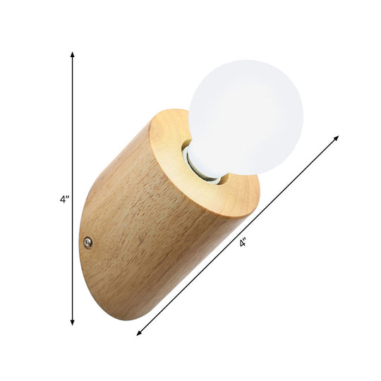 Minimalist Wood Wall Mount Sconce Light - Angled Pole Design Beige Shade Open Bulb