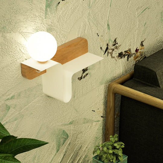 Nordic Opal Frosted Glass Sconce: Orb 1 Bulb Wall Mounted Lamp With White-Wood Shelf (Left/Right)