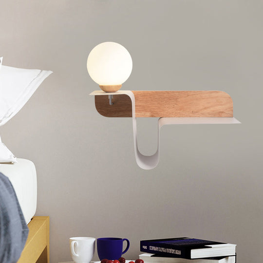 Nordic Opal Frosted Glass Sconce: Orb 1 Bulb Wall Mounted Lamp With White-Wood Shelf (Left/Right)