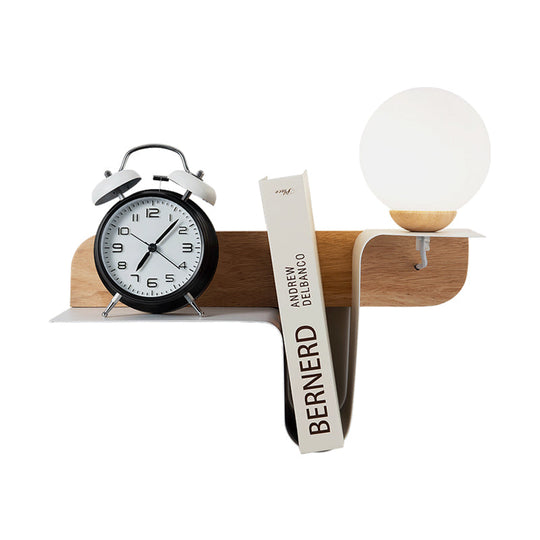 Nordic Opal Frosted Glass Sconce: Orb 1 Bulb Wall Mounted Lamp With White-Wood Shelf (Left/Right)