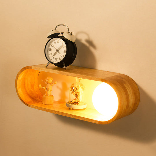 Nordic Wood Wall Sconce With Rack Feature - Fillet/Right Angle Rectangle Design For Bedside Flush