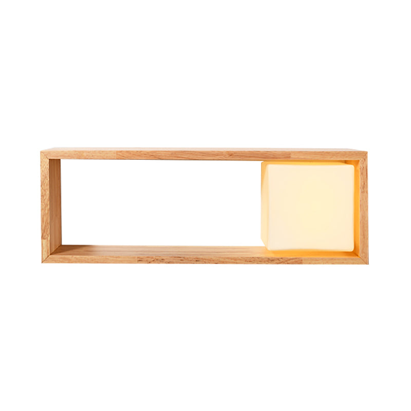 Nordic Wood Wall Sconce With Rack Feature - Fillet/Right Angle Rectangle Design For Bedside Flush