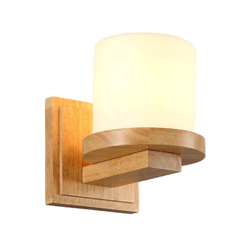 Nordic Opal Matte Glass Wall Lamp With Wood Arm - 1-Light Sconce Fixture