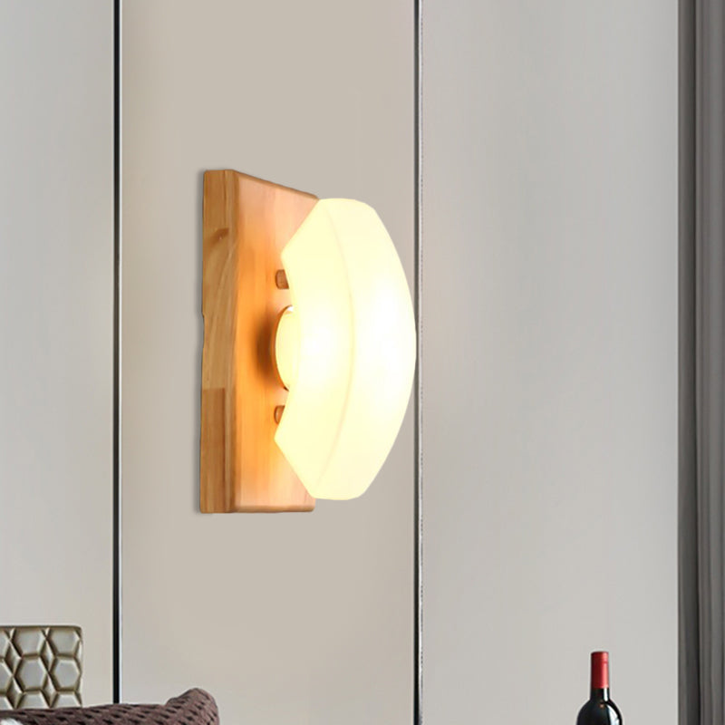 Frosted White Glass Arch Sconce - Nordic Single-Blue Wall Light With Wood Backplate