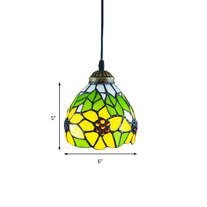 Tiffany Dome Pendant Lamp - Green Handcrafted Stained Glass Light Fixture With Sunflower Pattern
