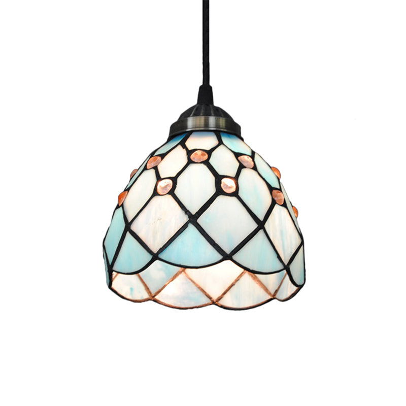 Tiffany Cut Glass Hanging Light Fixture For Bedroom - Beige/Light Blue/Dark Blue