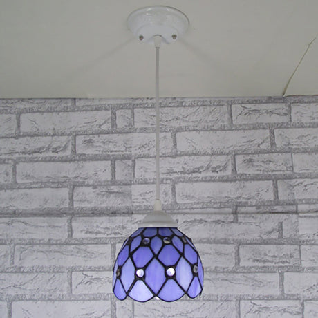 Tiffany Cut Glass Domed Hanging Light Fixture - 1 Suspension Pendant For Bedroom Beige/Light