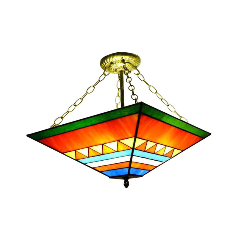 Stylish Tiffany Semi Flush Mount Light With Stained Glass Shade In Orange/Yellow