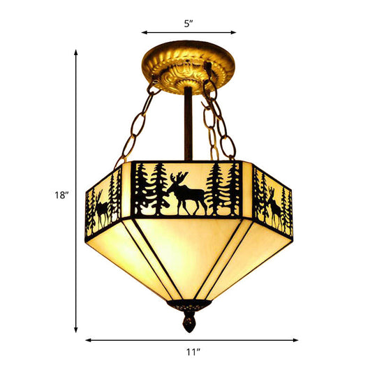 Rustic American Forest Deer Glass Ceiling Lamp - 11’/18’/22’ Wide Semi Flush Mount Light In Beige