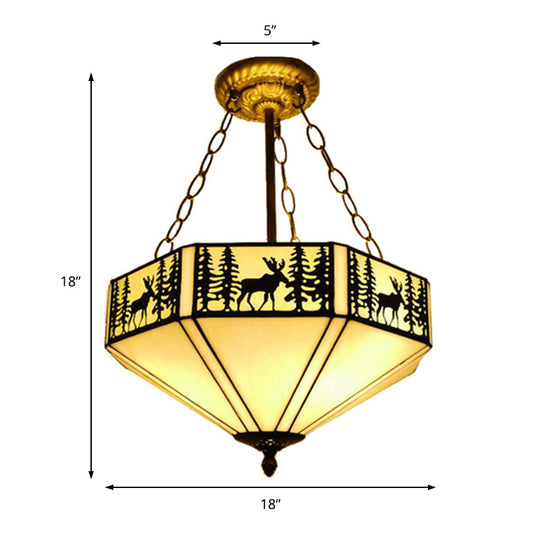 Rustic American Forest Deer Glass Ceiling Lamp - 11’/18’/22’ Wide Semi Flush Mount Light In Beige