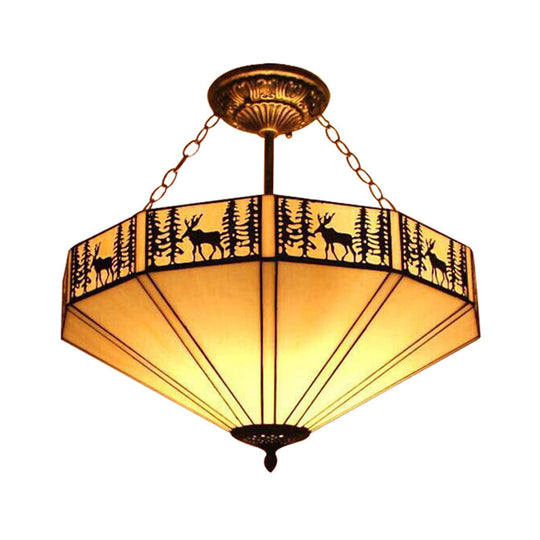 Rustic American Forest Deer Glass Ceiling Lamp - 11’/18’/22’ Wide Semi Flush Mount Light In Beige