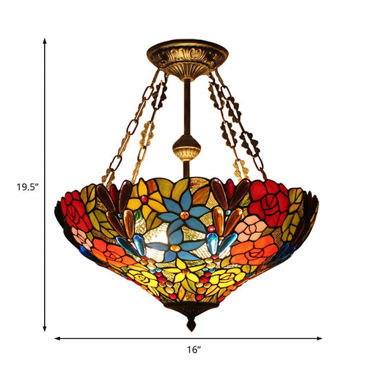 Tiffany Rustic Dragonfly Semi Flush Mount Ceiling Lamp In Antique Brass - Hotel-Grade Stained Glass