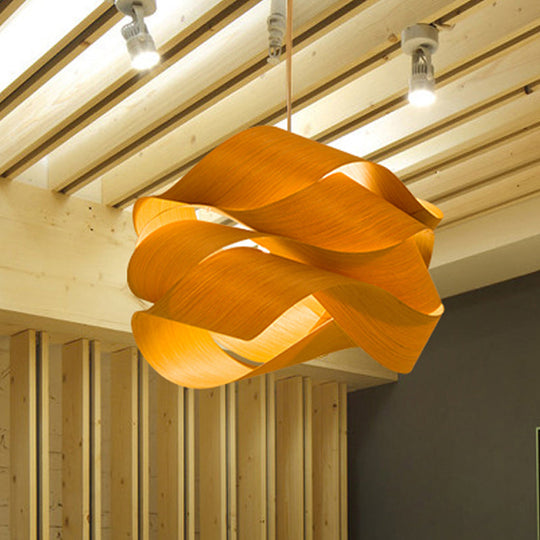 Contemporary Wooden Pendant Lamp With Twist Design - 1 Light Beige Hanging For Living Room 18/23.5