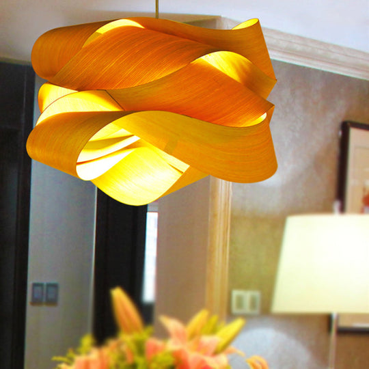 Contemporary Wooden Pendant Lamp With Twist Design - 1 Light Beige Hanging For Living Room 18/23.5