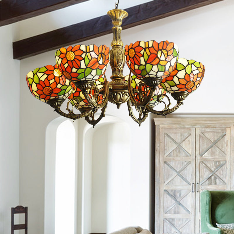 Sunflower Stained Glass Rustic Tiffany Chandelier - 3/5/6 Light Kitchen Hanging With Inverted