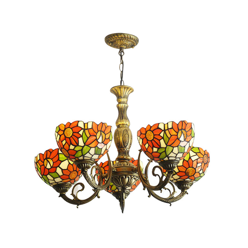 Sunflower Stained Glass Rustic Tiffany Chandelier - 3/5/6 Light Kitchen Hanging With Inverted
