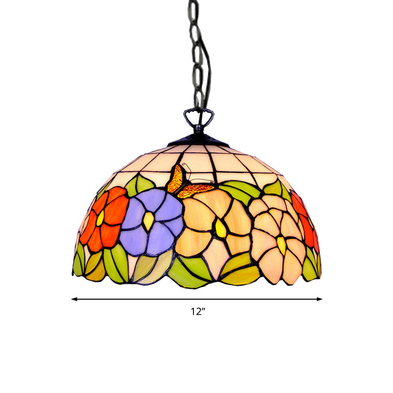 Tiffany-Style Black Stained Glass Hemisphere Ceiling Light With Down Lighting 12’/16’ Wide