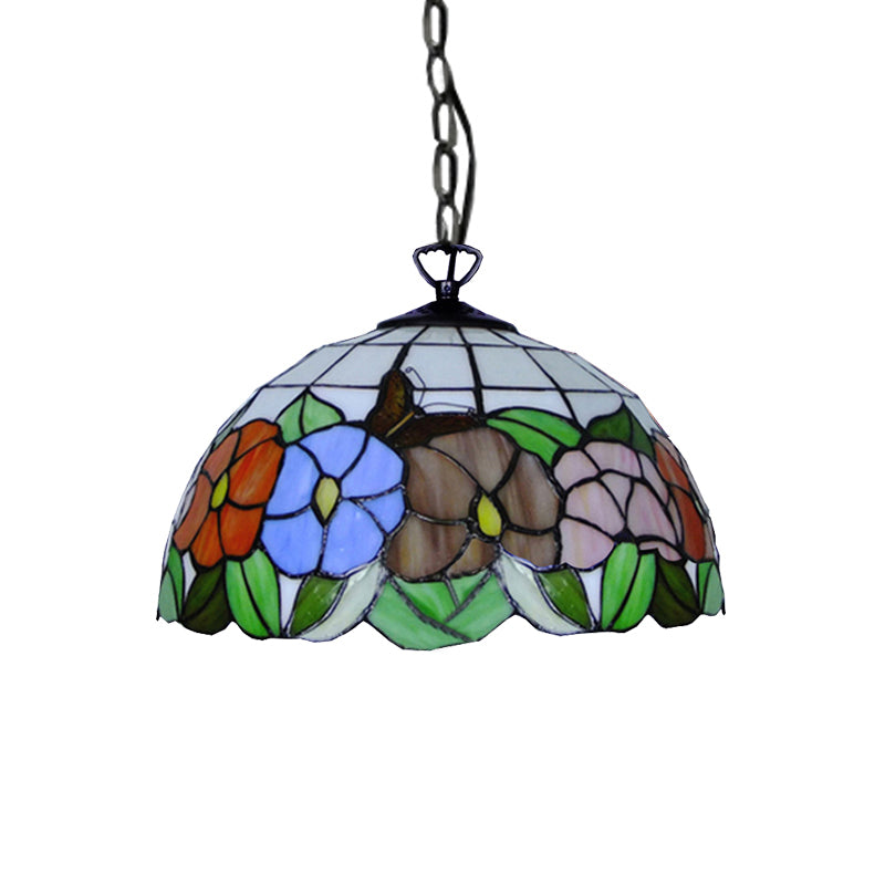 Tiffany-Style Black Stained Glass Hemisphere Ceiling Light With Down Lighting 12’/16’ Wide