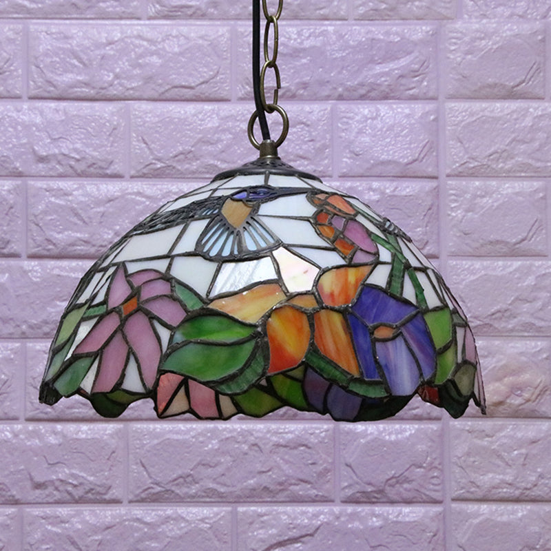 Floral Pattern Tiffany-Style Pendant Ceiling Light: 1 Bulb Black Stained Glass Down Lighting