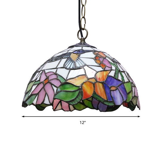 Floral Pattern Tiffany-Style Pendant Ceiling Light: 1 Bulb Black Stained Glass Down Lighting