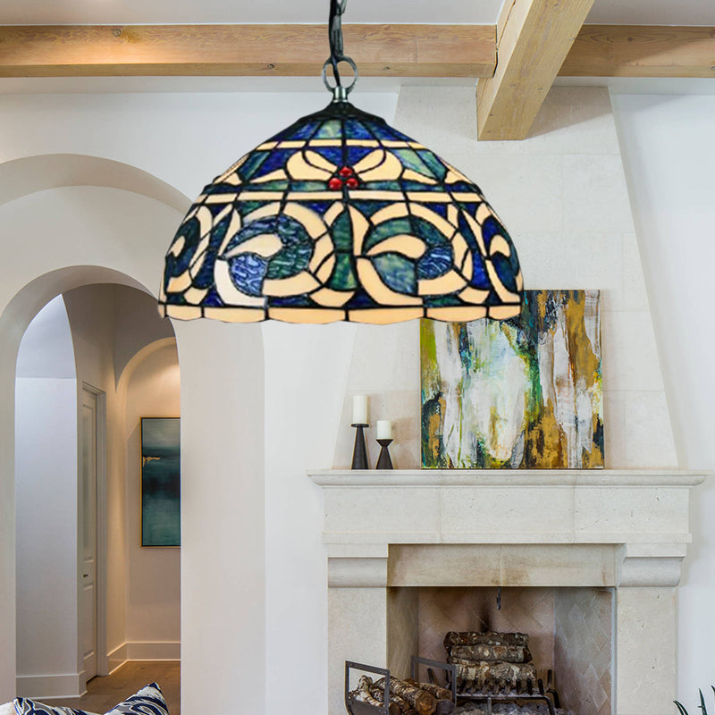 Blue Stained Glass Dome Suspension Light For Restaurant - Retro Tiffany Loft Style