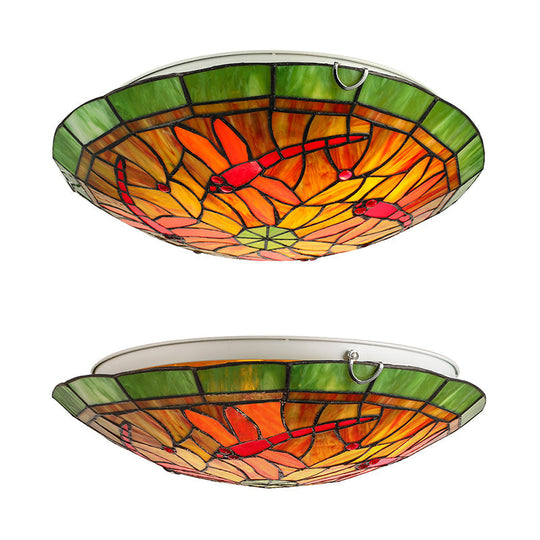 Dragonfly & Floral Stained Glass Lighting Fixture With 3 Bulbs For Living Room Ceiling In Yellow