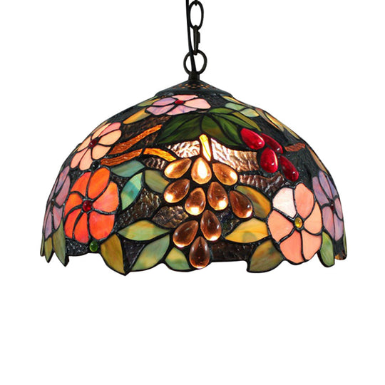Victorian Floral Black Stained Glass Pendant Light With Adjustable Metal Chain