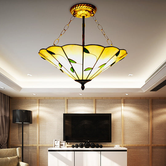 Stained Glass Inverted Ceiling Light - Lodge Style Multi Semi Flush Mount In Beige (19.5’/16’ Width)