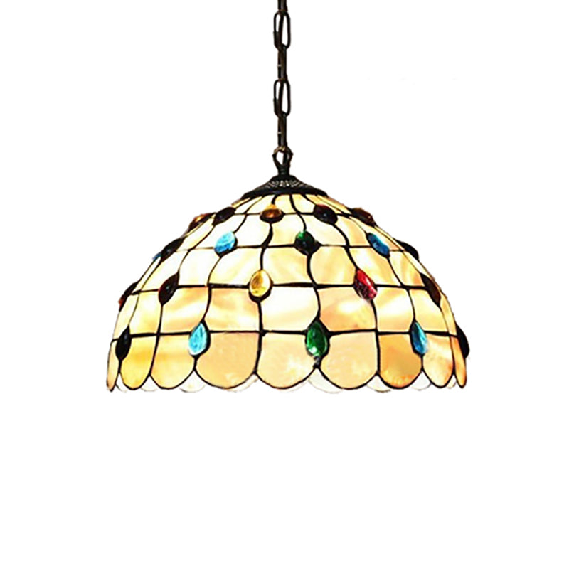 Beige Stained Glass Pendant Lamp With Beaded Detailing - Tiffany Hanging Light Kit For Study