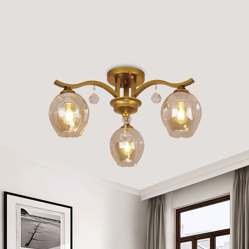 Modern Smoke Glass Bud Semi Ceiling Mount Light For Restaurants & Hotels - 3 - Light Crystal Lamp