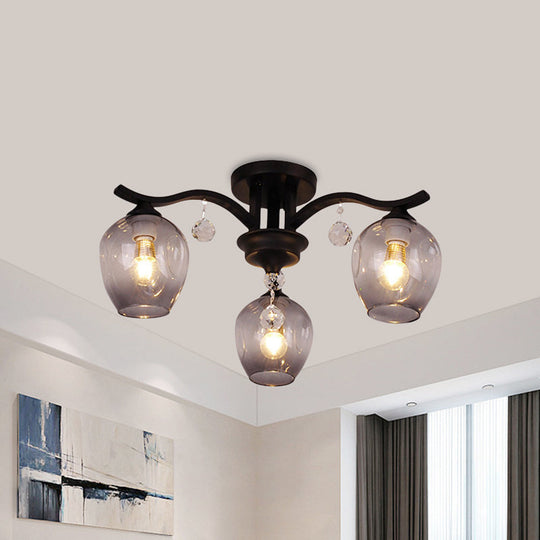 Modern Smoke Glass Bud Semi Ceiling Mount Light For Restaurants & Hotels - 3 - Light Crystal Lamp