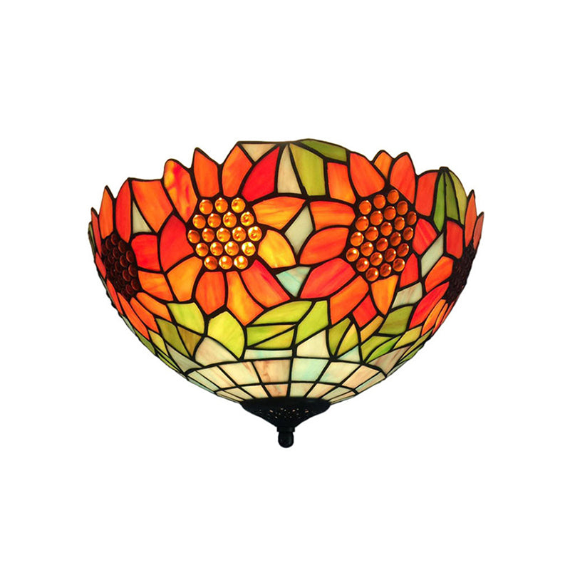 Rustic Sunflower Stained Glass Flush Mount Light In Orange For Dining Room