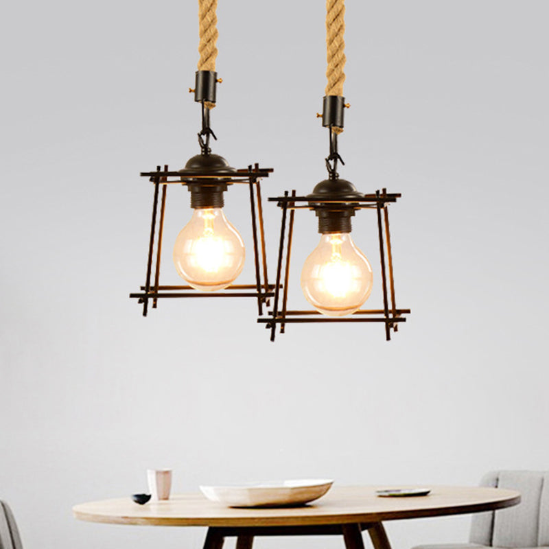Vintage Style Metal And Rope Pendant Light With Black Wire Cage Cylinder/Square Shade