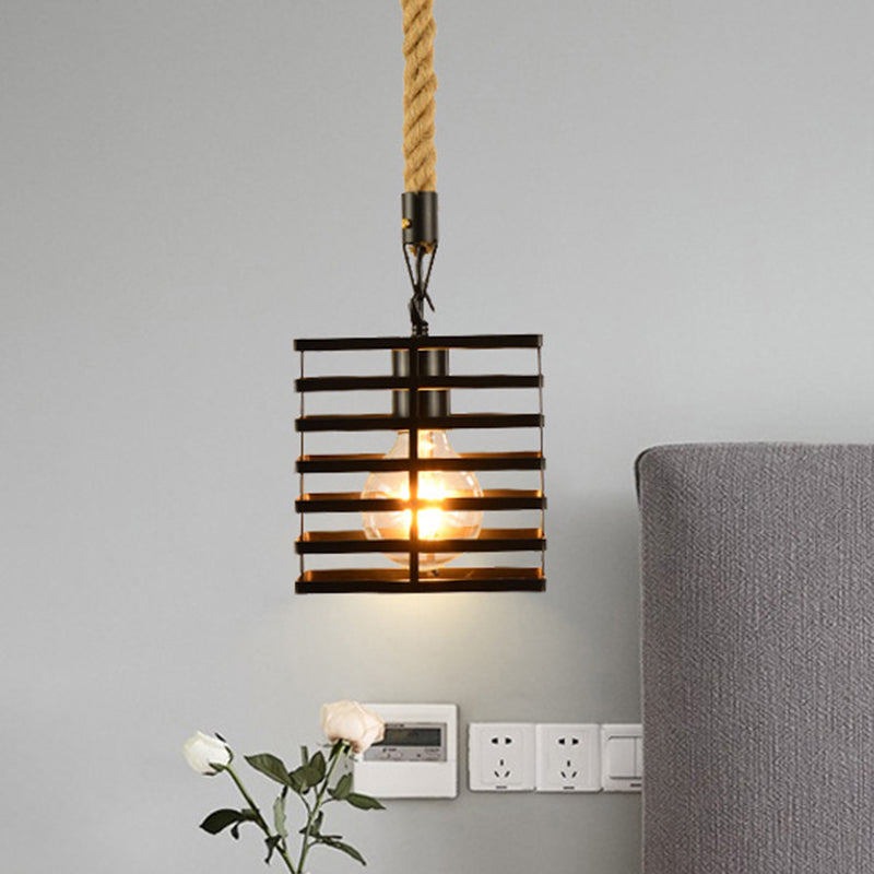 Vintage Style Metal And Rope Pendant Light With Black Wire Cage Cylinder/Square Shade / Cylinder