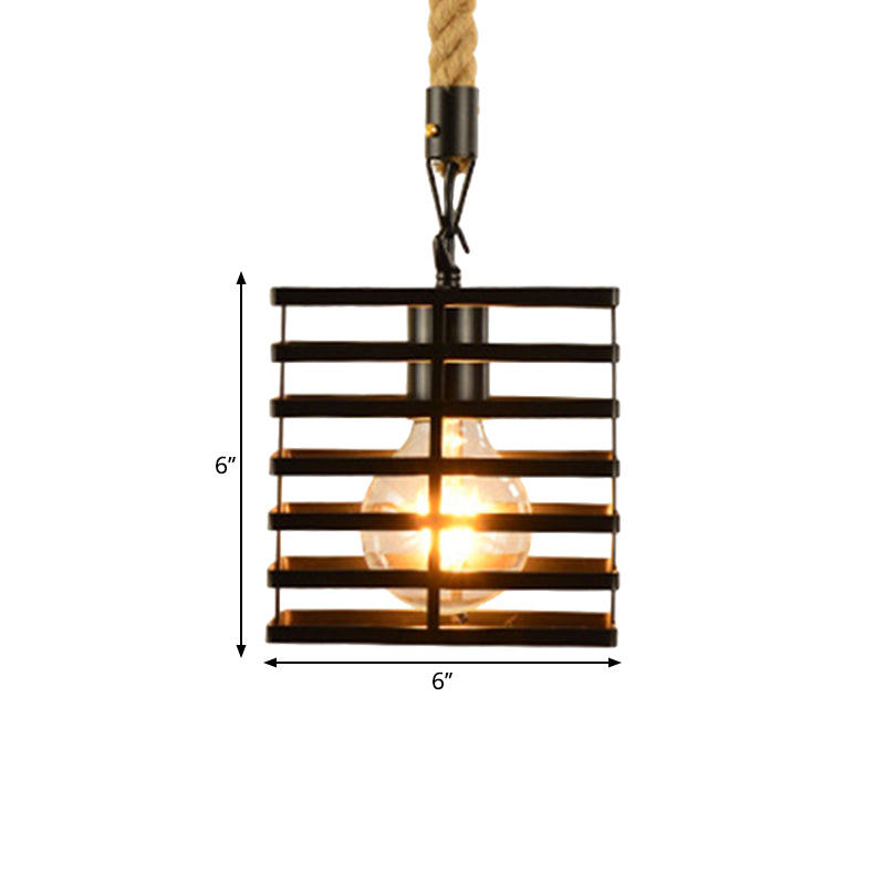 Vintage Style Metal And Rope Pendant Light With Black Wire Cage Cylinder/Square Shade