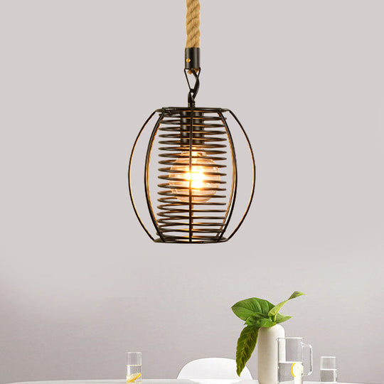 Vintage Style Metal And Rope Pendant Light With Black Wire Cage Cylinder/Square Shade