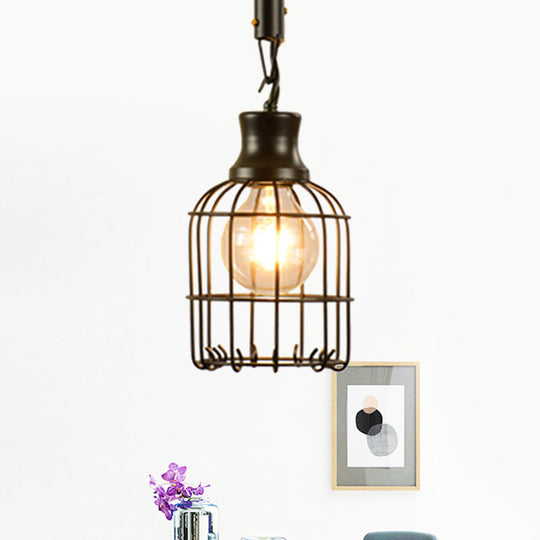 Vintage Style Metal And Rope Pendant Light With Black Wire Cage Cylinder/Square Shade