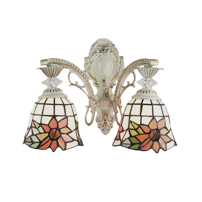 Traditional White Tiffany Wall Sconce - Bell Living Room Lamp With Sunflower Stained Glass 2 Bulbs