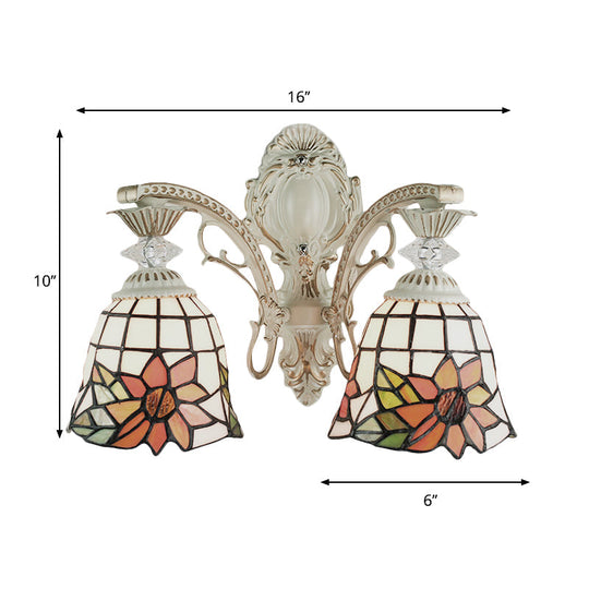 Traditional White Tiffany Wall Sconce - Bell Living Room Lamp With Sunflower Stained Glass 2 Bulbs