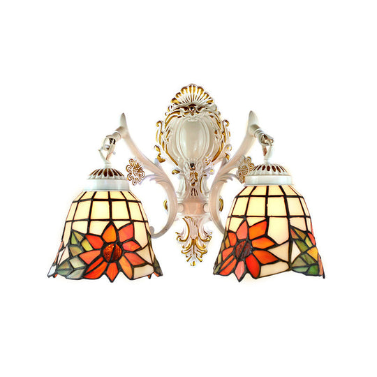 Traditional White Tiffany Wall Sconce - Bell Living Room Lamp With Sunflower Stained Glass 2 Bulbs