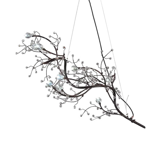 Situla - Metallic Thin Branch Chandelier With Crystal Bead 10 Lights Romantic Suspension Light For