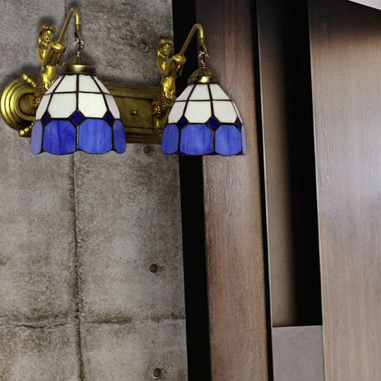 Mediterranean Blue Glass Wall Sconce With Mermaid Backplate And Grid Patterned Shades