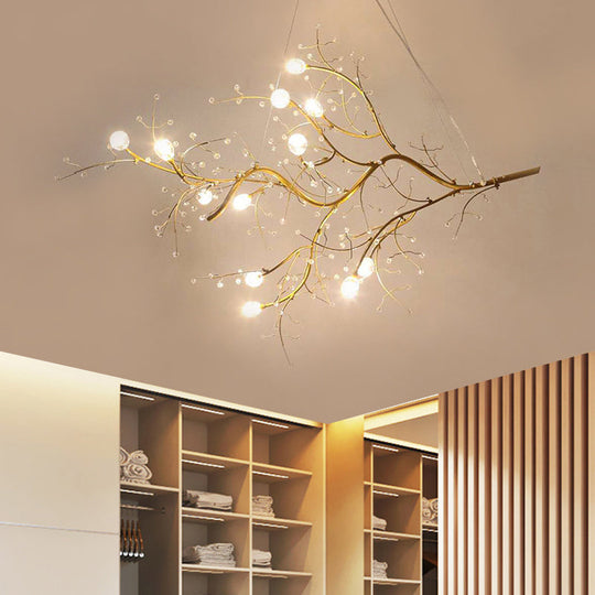 Situla - Metallic Thin Branch Chandelier With Crystal Bead 10 Lights Romantic Suspension Light For